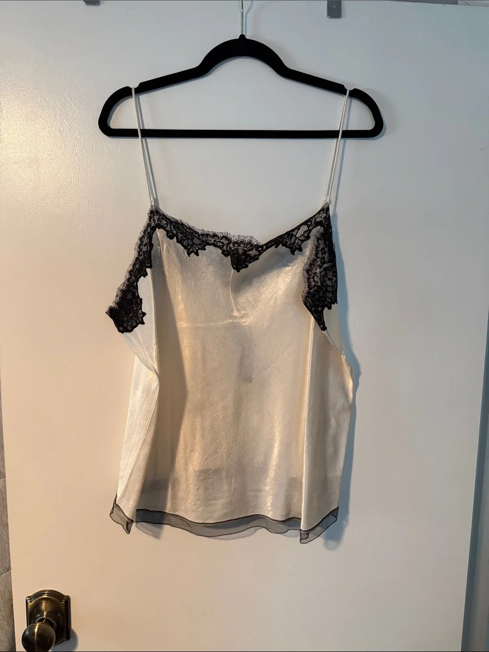 J. Crew Ivory Satin Cami with Black Lace Trim